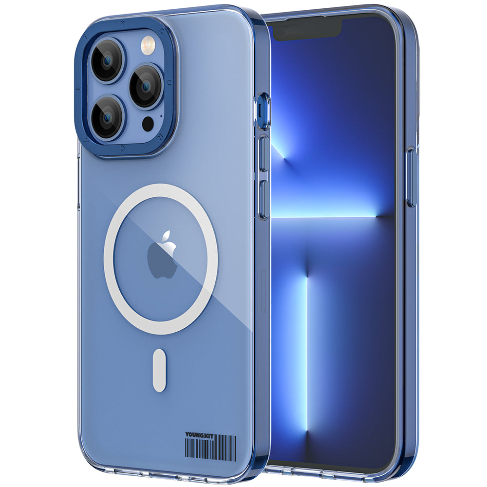 iPhone 13 Pro Max Kılıf Magsafe Şarj Özellikli Youngkit Coloured Glaze Serisi Kılıf Mavi