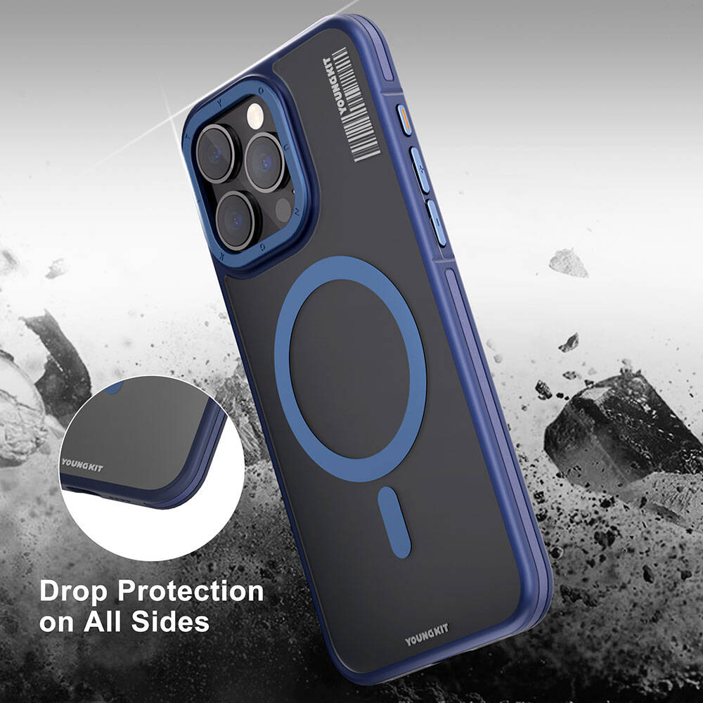 iPhone 13 Pro Max Kılıf Magsafe Şarj Özellikli Youngkit Rock Sand Serisi Kılıf Mavi