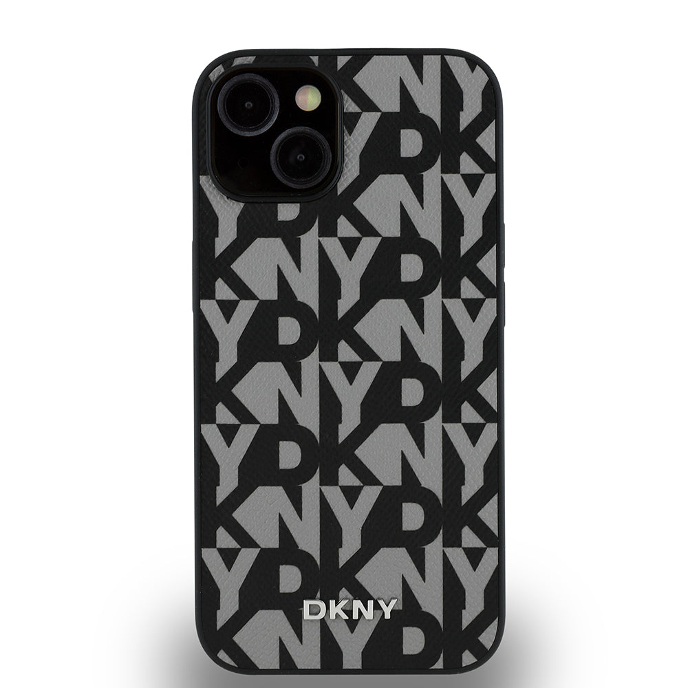 Apple iPhone 14 Kılıf DKNY Orjinal Lisanslı M-safe Şarj Özellikli 3D Yazılı Grid Pattern Kapak Gri