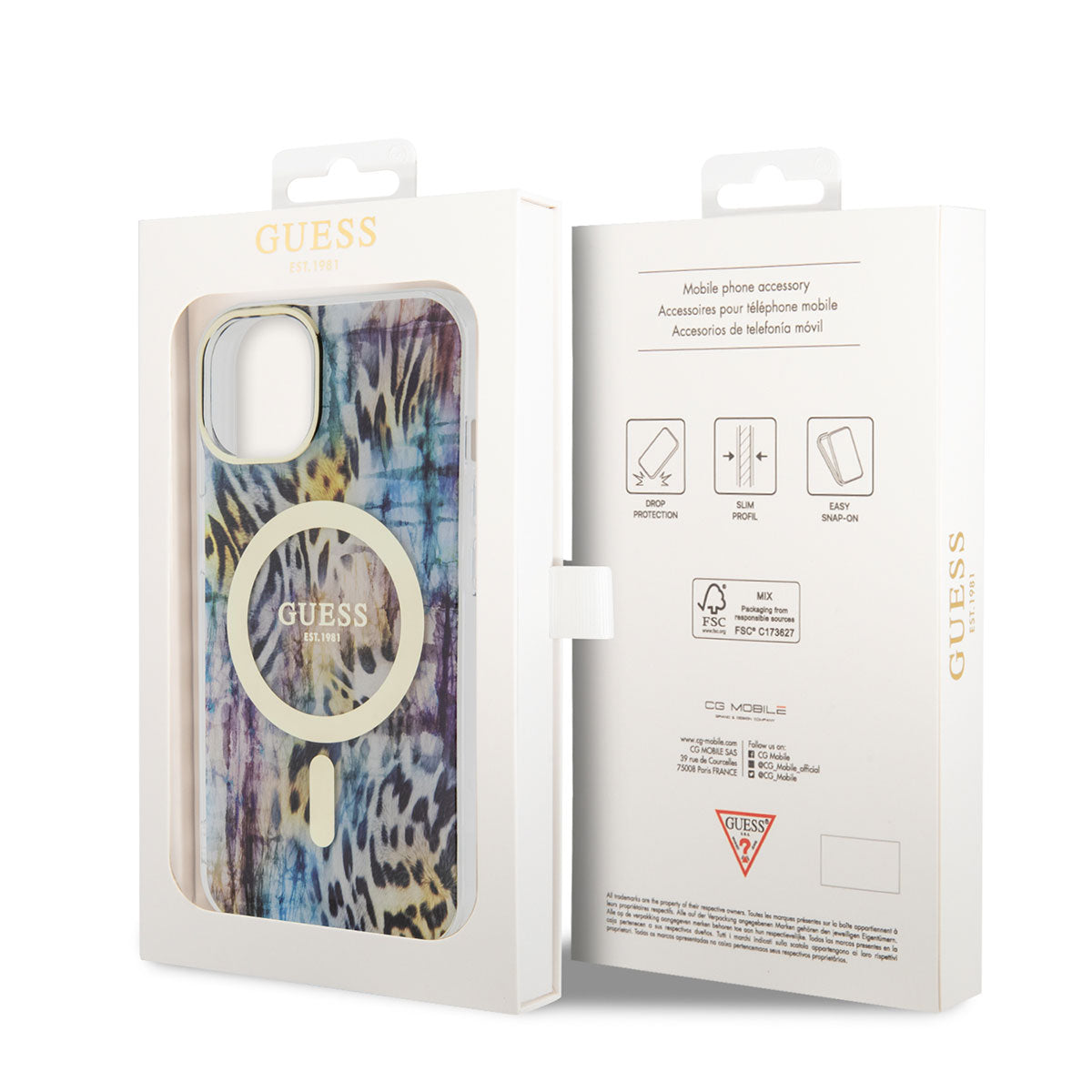 Apple iPhone 14 Kılıf GUESS Magsafe Şarj Özellikli Leopar Desenli Kapak Mavi