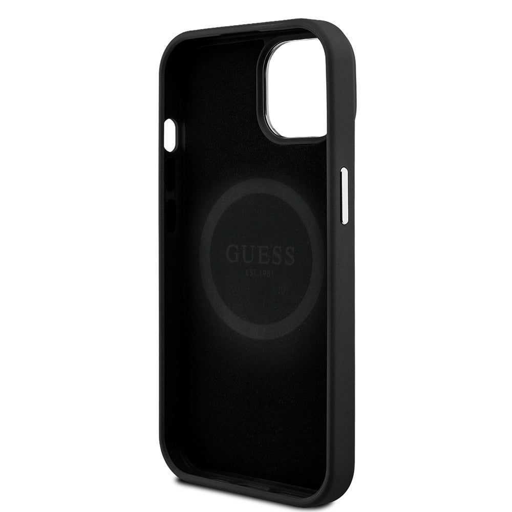 Apple iPhone 14 Kılıf Guess Orjinal Lisanslı M-safe Şarj Özellikli Grained Triangle Kapak Siyah