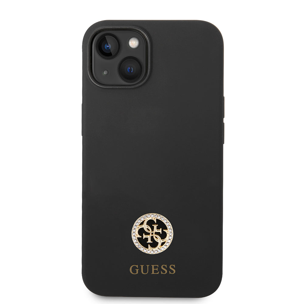 Apple iPhone 14 Kılıf Guess Orjinal Lisanslı Yazı ve Taşlı 4G Logolu Silikon Kapak Siyah