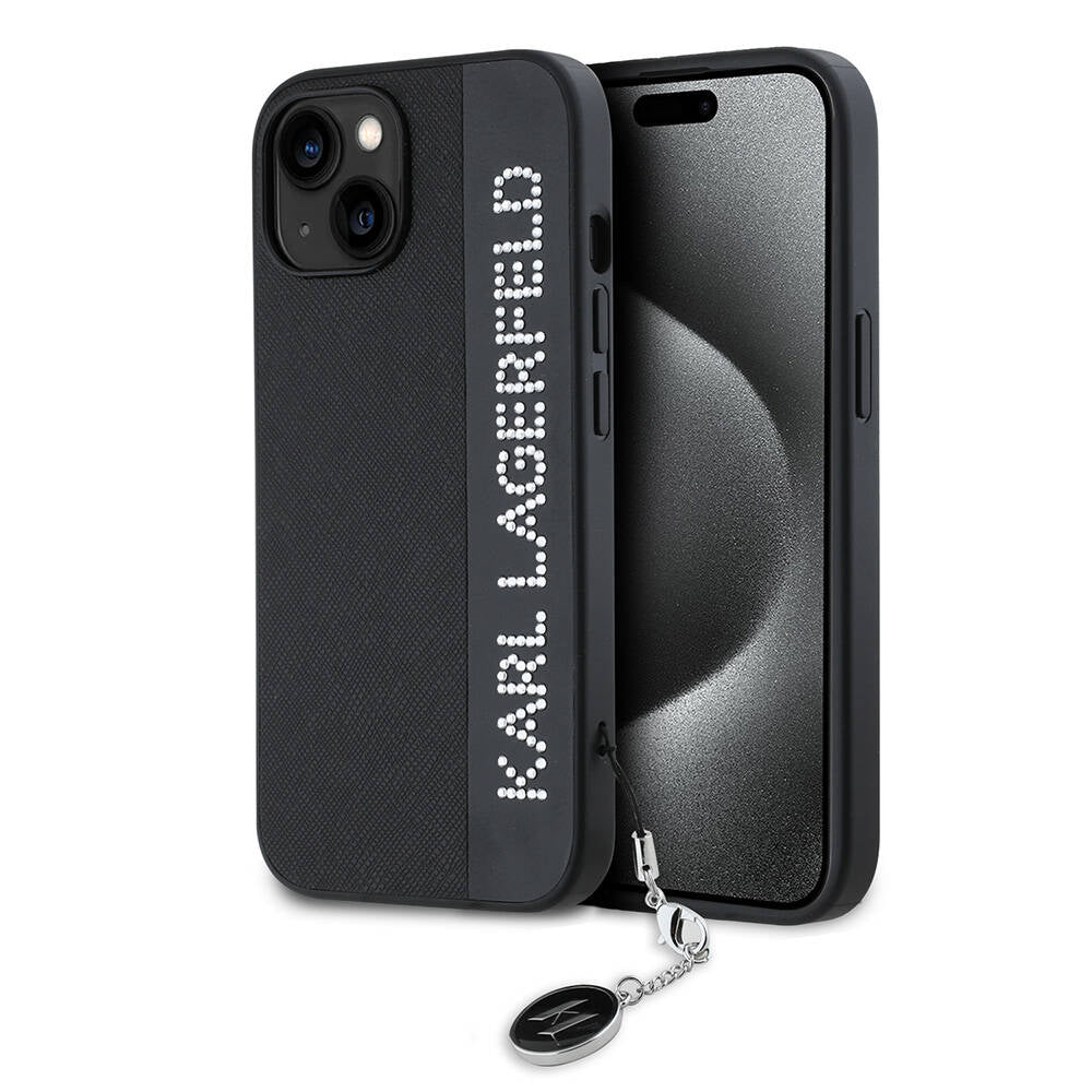 iPhone 14 Kılıf Karl Lagerfeld Orjinal Lisanslı Anahtarlıklı Taşlı KL Yazılı Saffiano Rhinestones Kılıf Siyah
