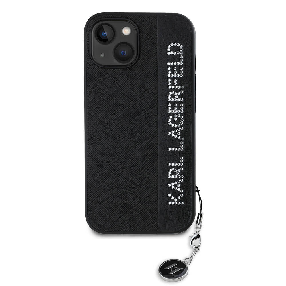 iPhone 14 Kılıf Karl Lagerfeld Orjinal Lisanslı Anahtarlıklı Taşlı KL Yazılı Saffiano Rhinestones Kılıf Siyah