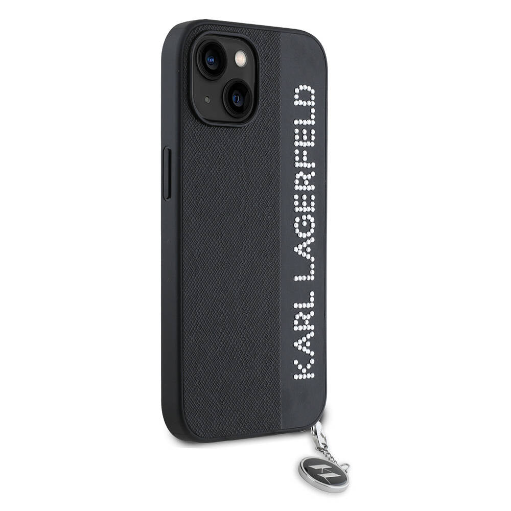 iPhone 14 Kılıf Karl Lagerfeld Orjinal Lisanslı Anahtarlıklı Taşlı KL Yazılı Saffiano Rhinestones Kılıf Siyah