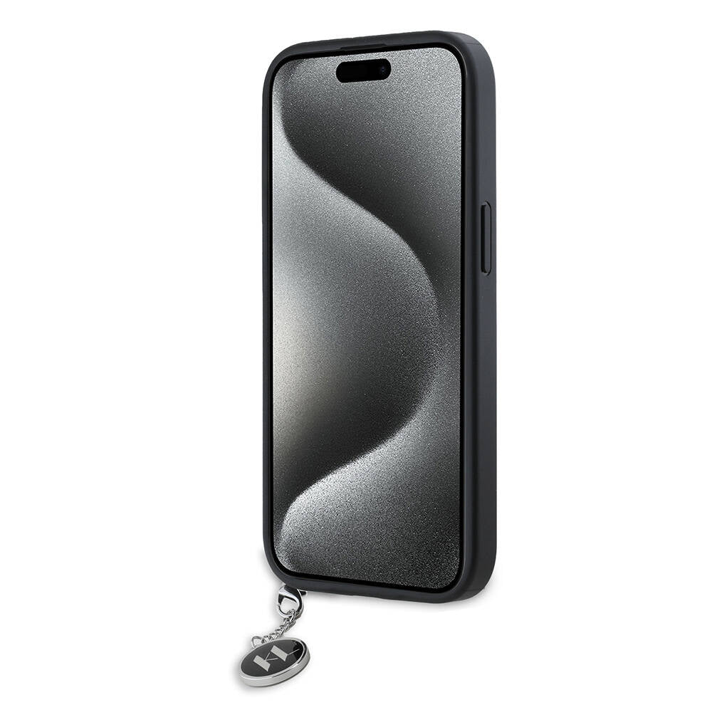 iPhone 14 Kılıf Karl Lagerfeld Orjinal Lisanslı Anahtarlıklı Taşlı KL Yazılı Saffiano Rhinestones Kılıf Siyah