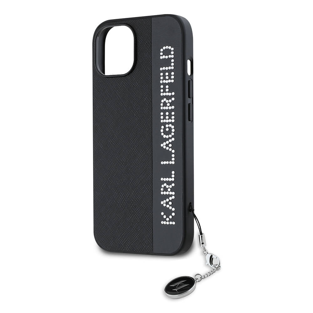 iPhone 14 Kılıf Karl Lagerfeld Orjinal Lisanslı Anahtarlıklı Taşlı KL Yazılı Saffiano Rhinestones Kılıf Siyah