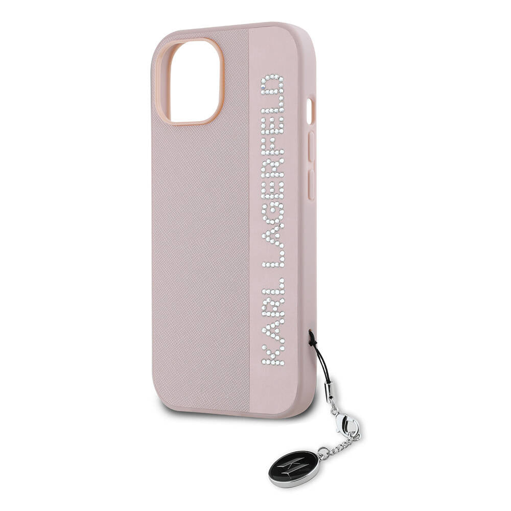 iPhone 14 Kılıf Karl Lagerfeld Orjinal Lisanslı Anahtarlıklı Taşlı KL Yazılı Saffiano Rhinestones Kılıf Siyah