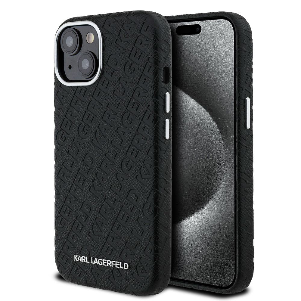 Apple iPhone 14 Kılıf Karl Lagerfeld Orjinal Lisanslı PU Deri Damgalı Metal Yazı Logolu Kapak Siyah