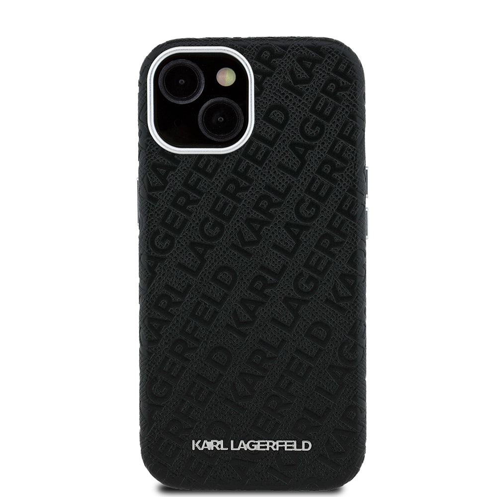 Apple iPhone 14 Kılıf Karl Lagerfeld Orjinal Lisanslı PU Deri Damgalı Metal Yazı Logolu Kapak Siyah