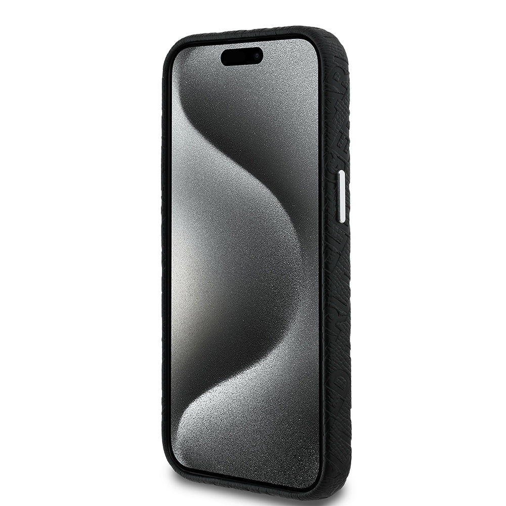 Apple iPhone 14 Kılıf Karl Lagerfeld Orjinal Lisanslı PU Deri Damgalı Metal Yazı Logolu Kapak Siyah