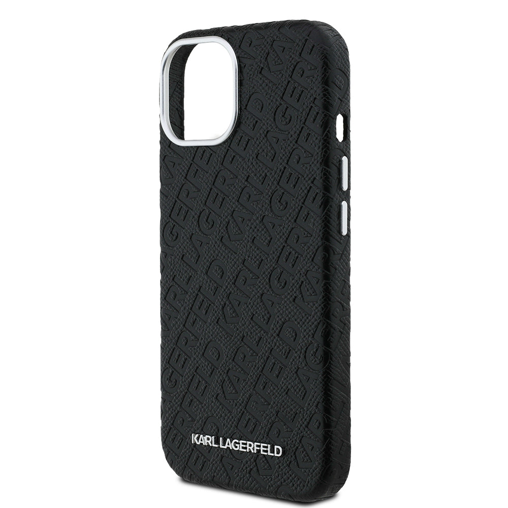 Apple iPhone 14 Kılıf Karl Lagerfeld Orjinal Lisanslı PU Deri Damgalı Metal Yazı Logolu Kapak Siyah
