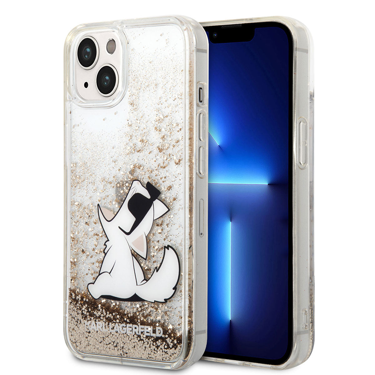 iPhone 14 Kılıf Karl Lagerfeld Sıvılı Simli Choupette Dizayn Kılıf Gold