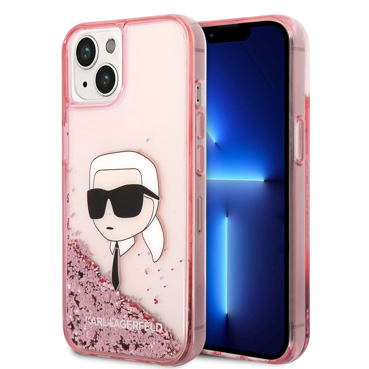 iPhone 14 Kılıf Karl Lagerfeld Sıvılı Simli Karl Head Dizayn Kılıf Pembe