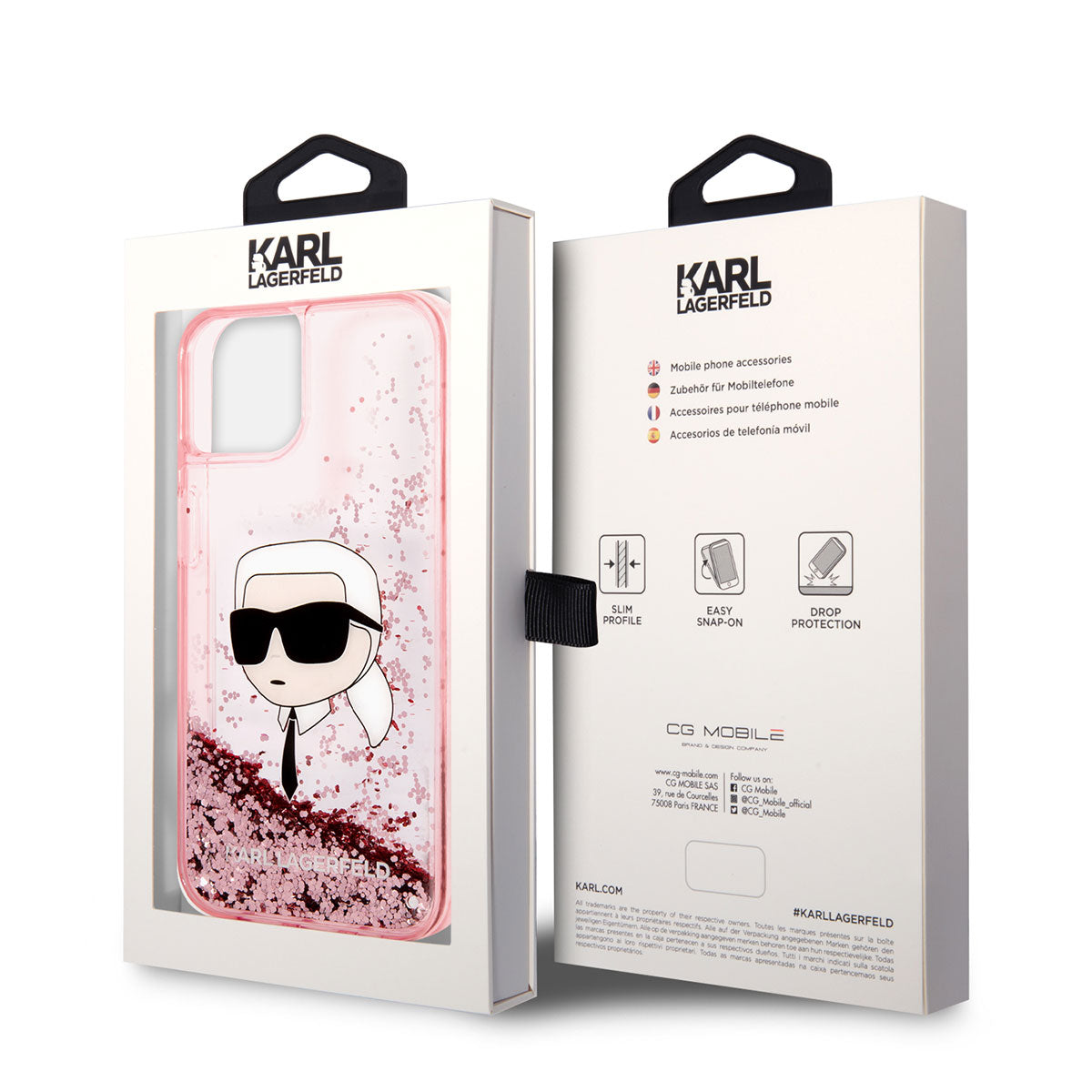 iPhone 14 Kılıf Karl Lagerfeld Sıvılı Simli Karl Head Dizayn Kılıf Pembe