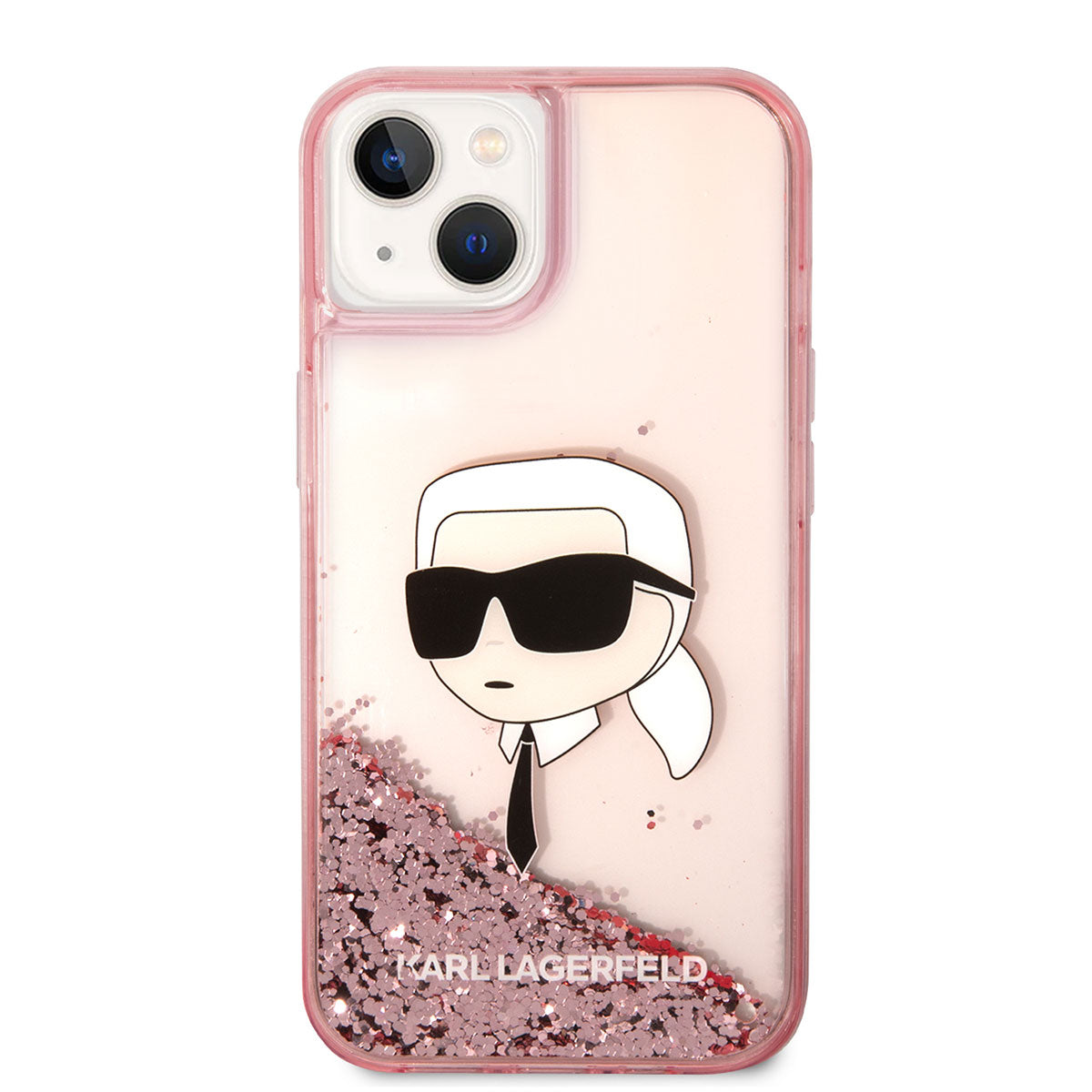 iPhone 14 Kılıf Karl Lagerfeld Sıvılı Simli Karl Head Dizayn Kılıf Pembe