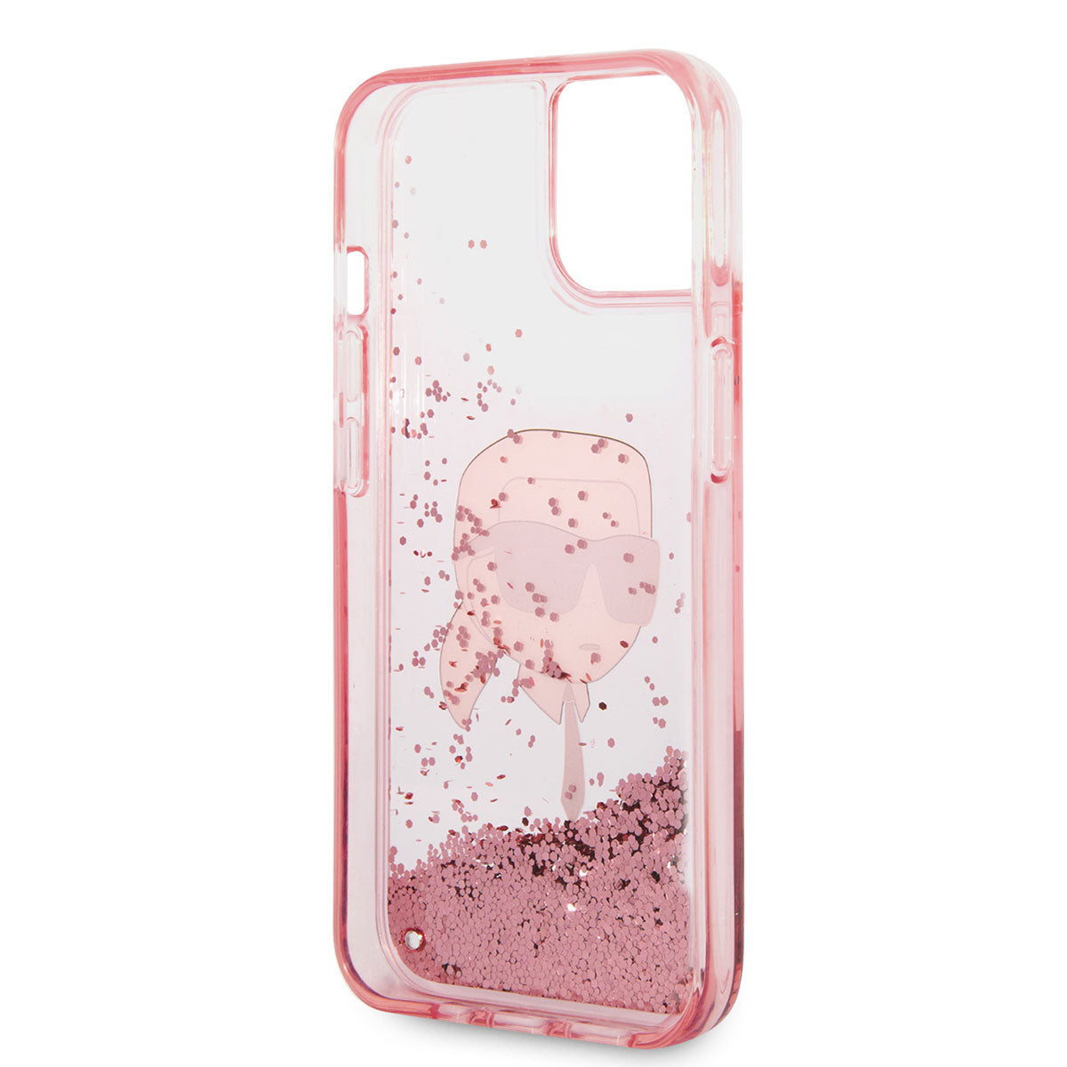 iPhone 14 Kılıf Karl Lagerfeld Sıvılı Simli Karl Head Dizayn Kılıf Pembe