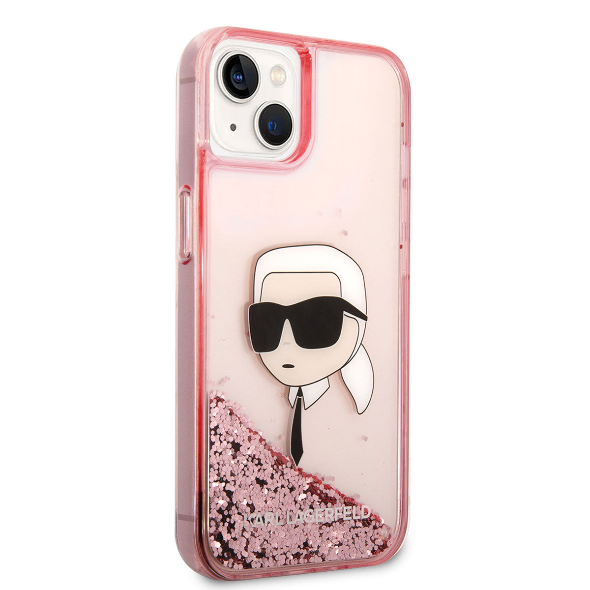 iPhone 14 Kılıf Karl Lagerfeld Sıvılı Simli Karl Head Dizayn Kılıf Pembe