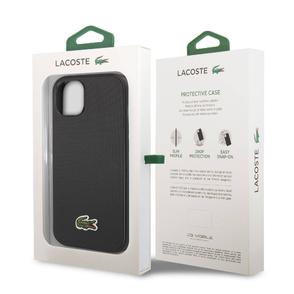iPhone 14 Kılıf Lacoste Orjinal Lisanslı PU Pike Desenli Arka Yüzey İkonik Timsah Dokuma Logolu Kılıf Siyah