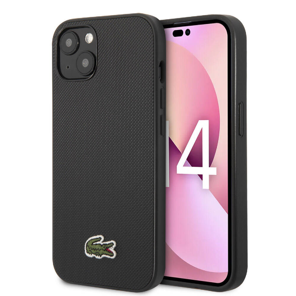 iPhone 14 Kılıf Lacoste Orjinal Lisanslı PU Pike Desenli Arka Yüzey İkonik Timsah Dokuma Logolu Kılıf Siyah