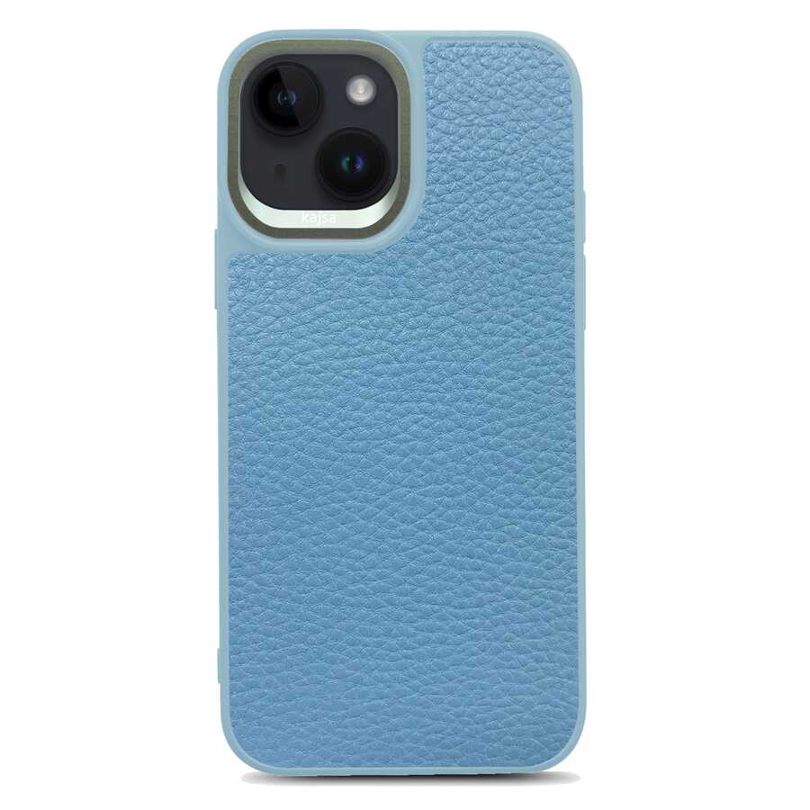 iPhone 14 Kılıf Soft Deri Metal Kamera Çerçeveli Kajsa Litchi Kılıf Mavi