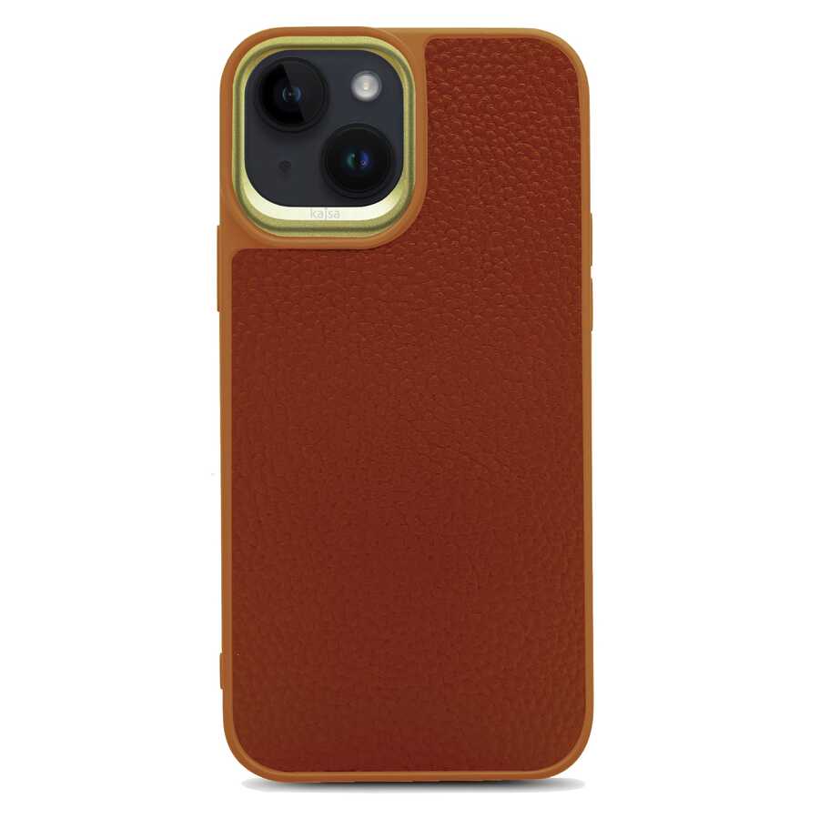 iPhone 14 Kılıf Soft Deri Metal Kamera Çerçeveli Kajsa Litchi Kılıf Kahverengi