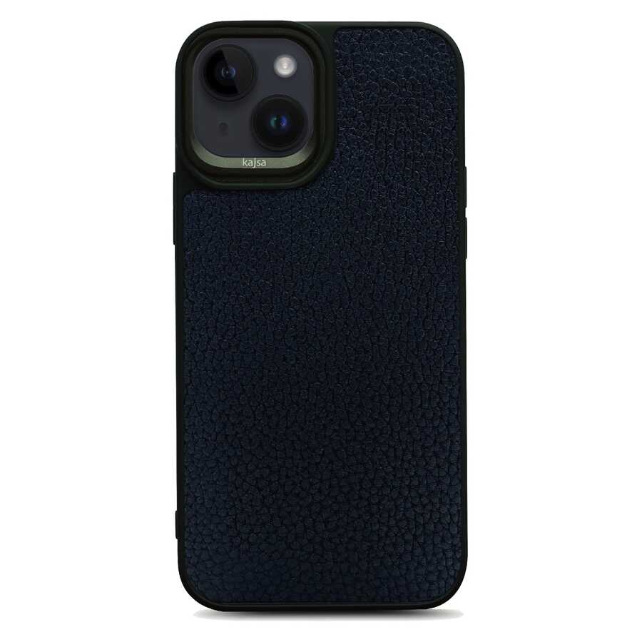 iPhone 14 Kılıf Soft Deri Metal Kamera Çerçeveli Kajsa Litchi Kılıf Siyah