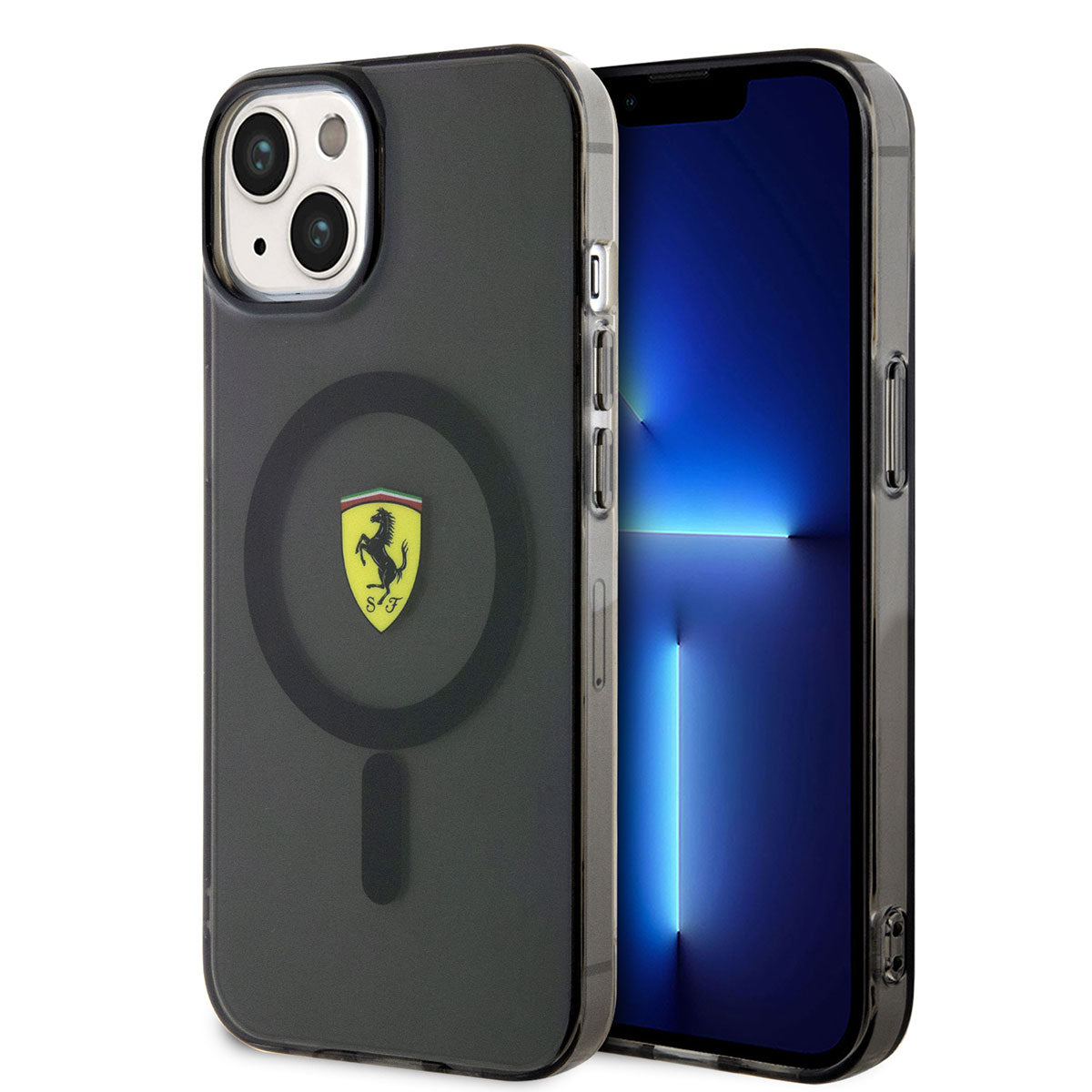 iPhone 14 Plus Kılıf Ferrari Magsafe Şarj Özellikli Yarı Transparan Dizayn Kılıf Siyah