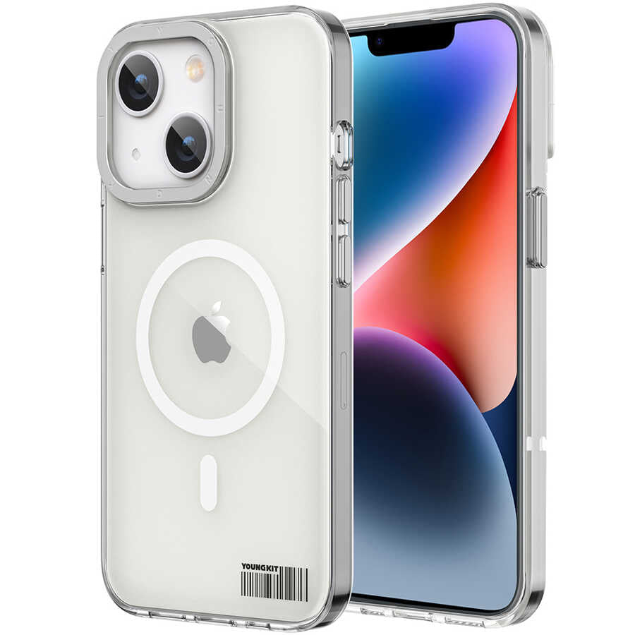 iPhone 14 Plus Kılıf Magsafe Şarj Özellikli Youngkit Coloured Glaze Serisi Kılıf Beyaz