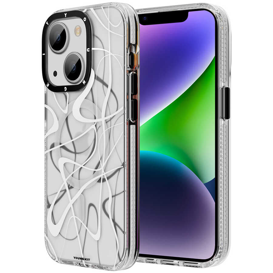 iPhone 14 Plus Kılıf Magsafe Şarj Özellikli Youngkit Water-Ink Serisi Kılıf Beyaz