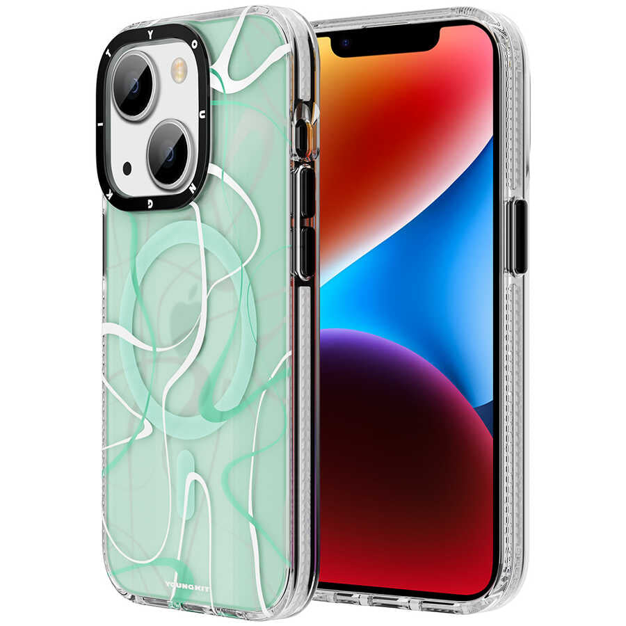 iPhone 14 Plus Kılıf Magsafe Şarj Özellikli Youngkit Water-Ink Serisi Kılıf Yeşil