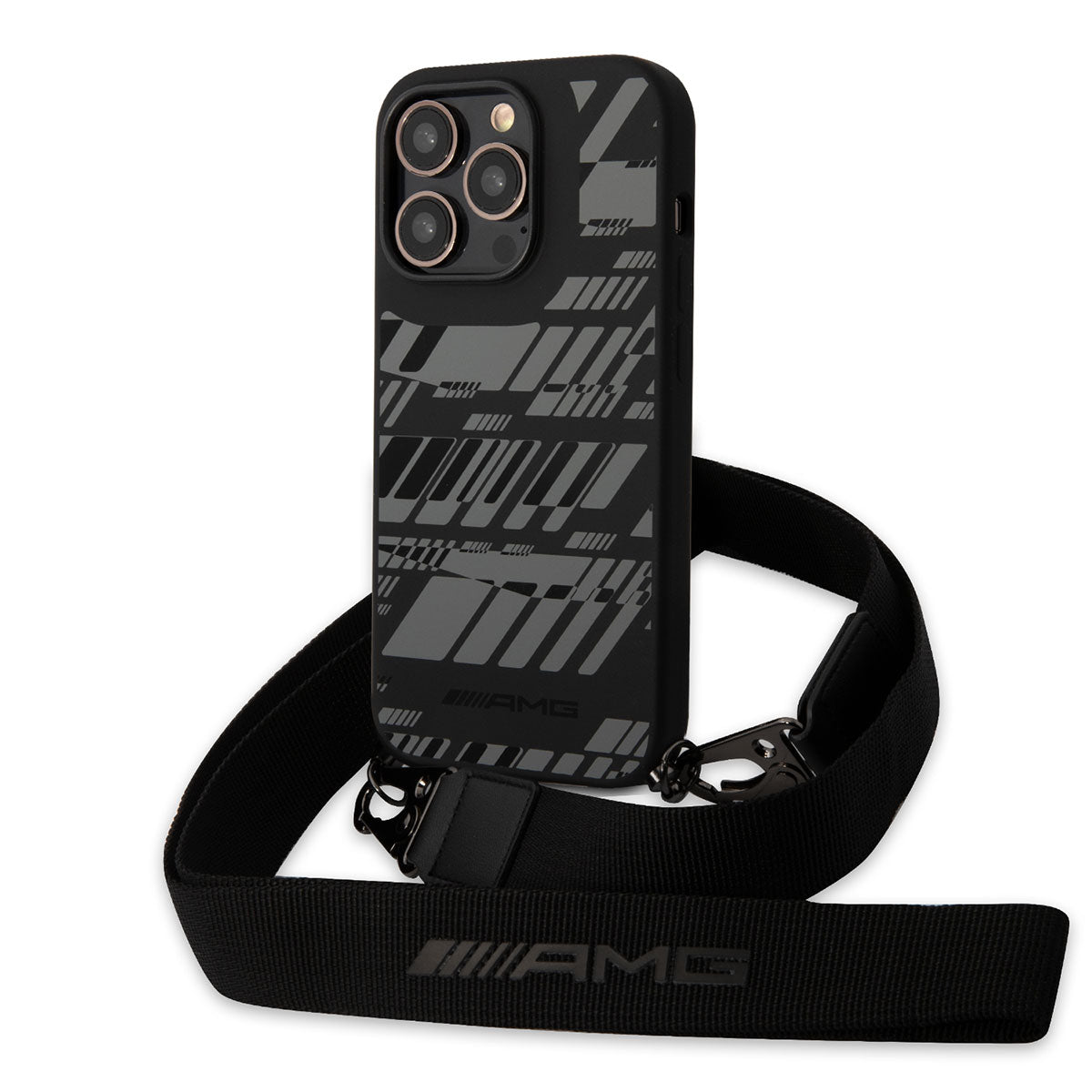 iPhone 14 Pro Kılıf AMG Liquid Silikon Strap Telefon Askılı Grafik Dizayn Kılıf Siyah