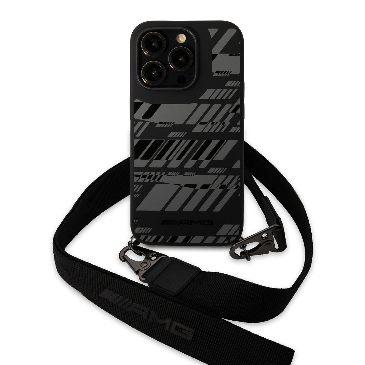 iPhone 14 Pro Kılıf AMG Liquid Silikon Strap Telefon Askılı Grafik Dizayn Kılıf Siyah