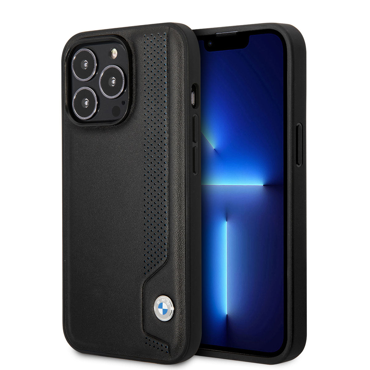 iPhone 14 Pro Kılıf BMW Deri Mavi Noktalı Dizayn Kılıf Siyah