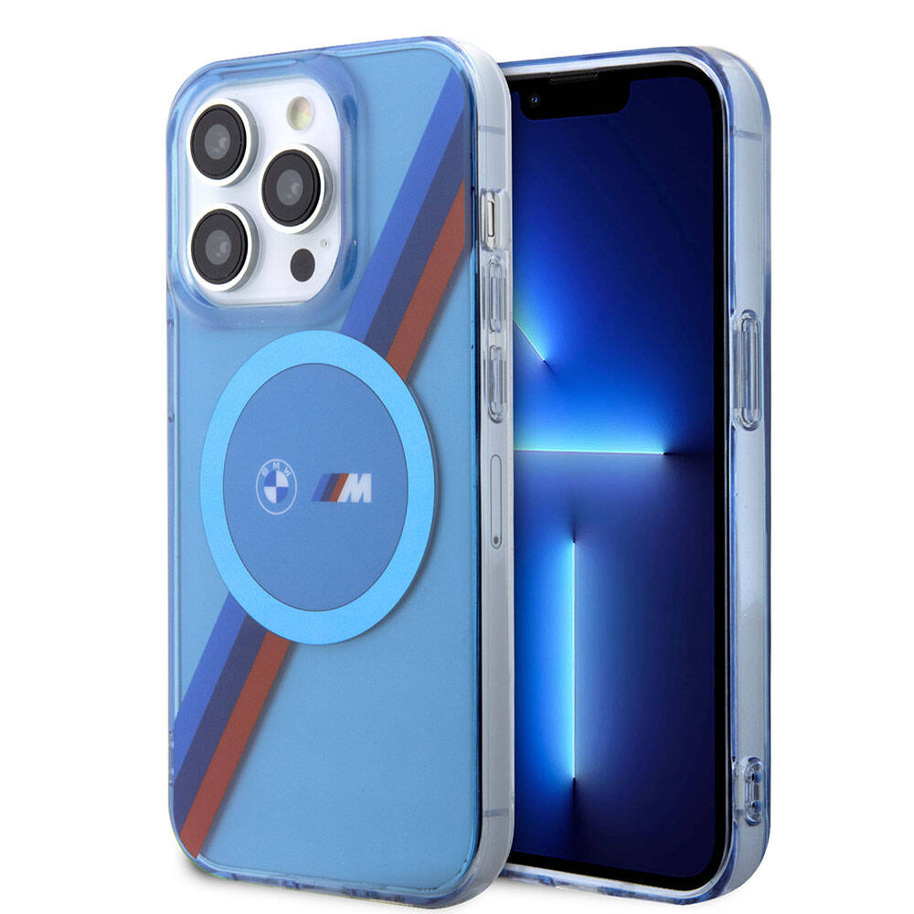 iPhone 14 Pro Kılıf BMW Magsafe Şarj Özellikli Transparan Tricolor Stripes Orjinal Lisanslı Kılıf Mavi