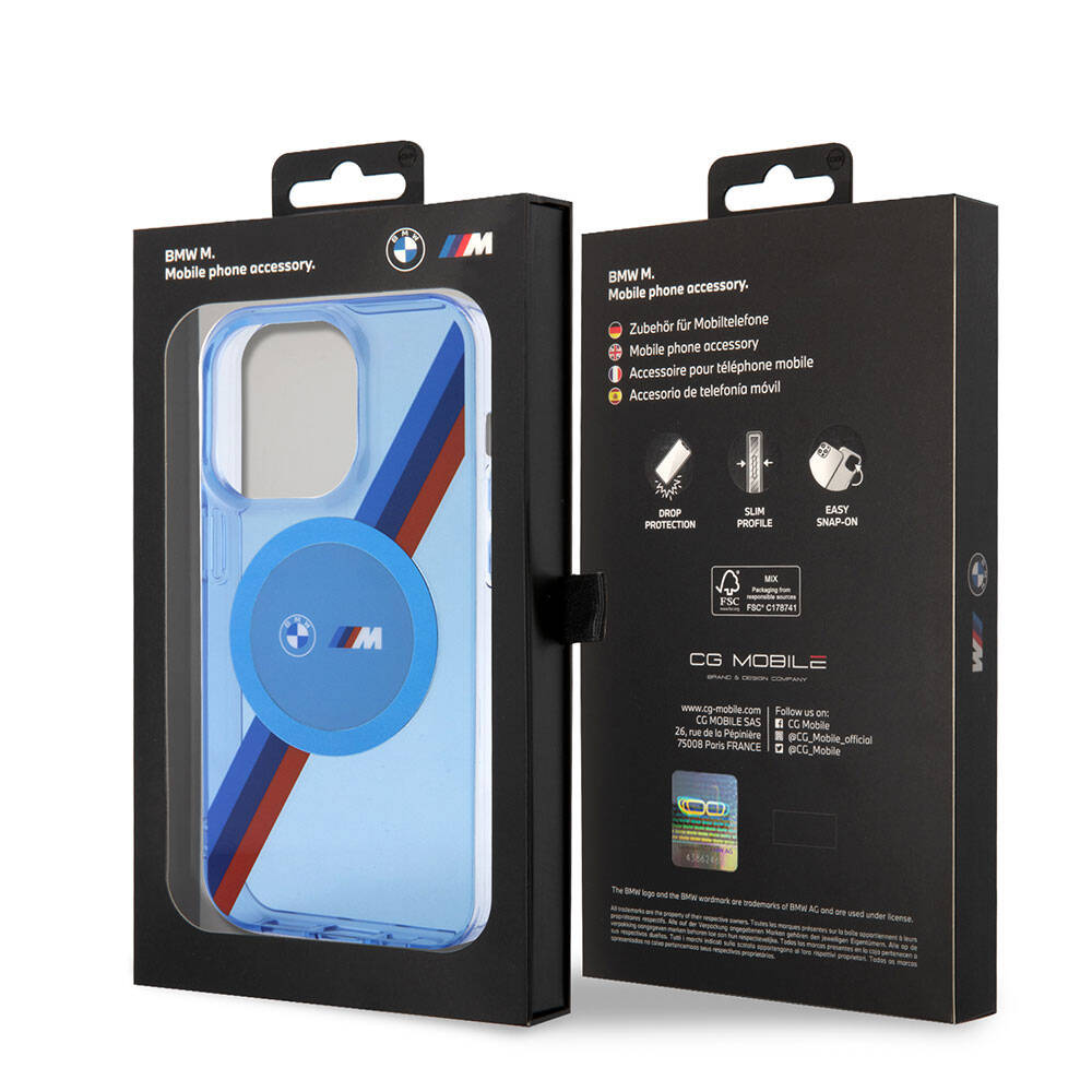 iPhone 14 Pro Kılıf BMW Magsafe Şarj Özellikli Transparan Tricolor Stripes Orjinal Lisanslı Kılıf Mavi