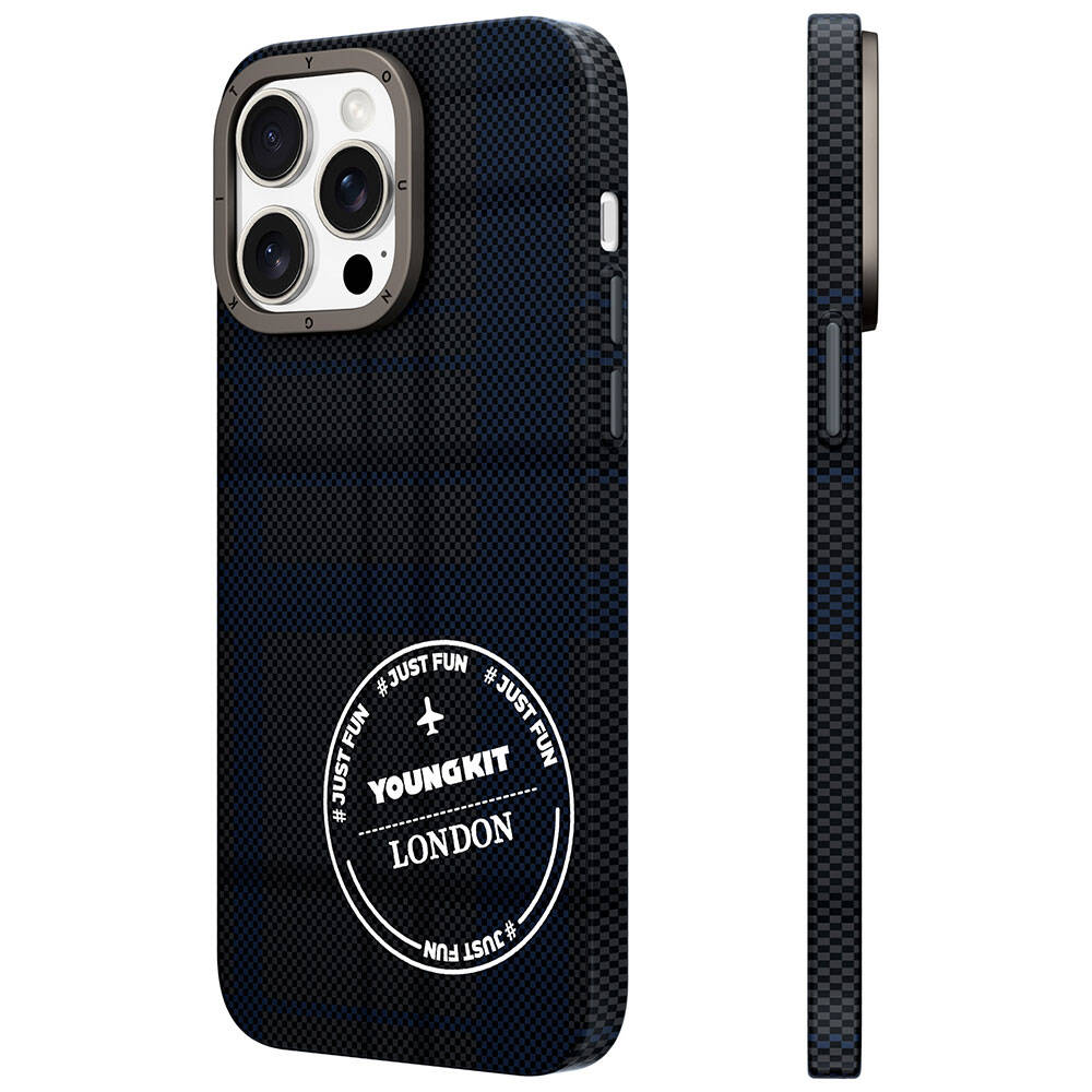 iPhone 14 Pro Kılıf Ekose Desenli Youngkit Gezhi Serisi Kılıf Mavi
