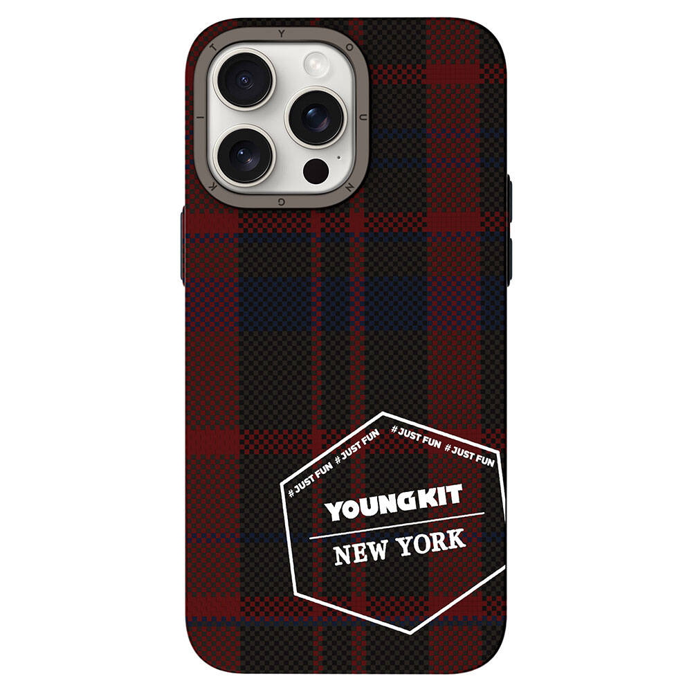 iPhone 14 Pro Kılıf Ekose Desenli Youngkit Gezhi Serisi Kılıf Kırmızı