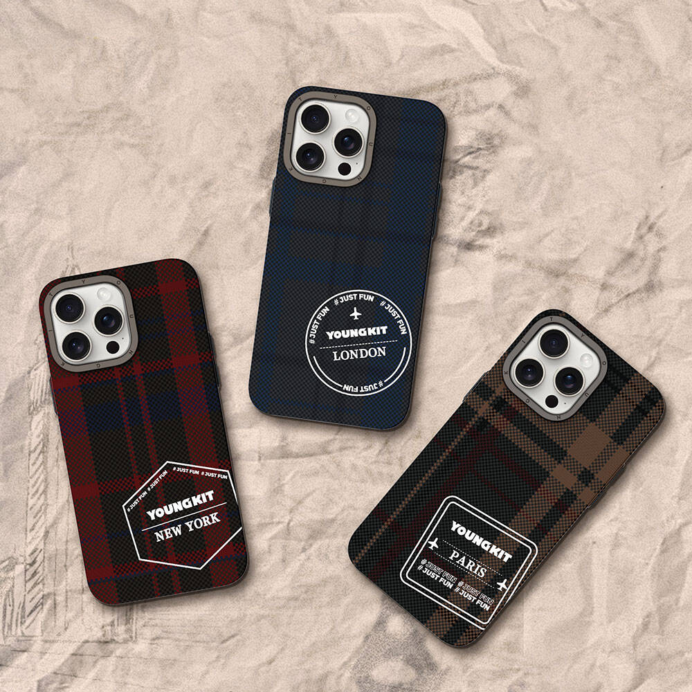 iPhone 14 Pro Kılıf Ekose Desenli Youngkit Gezhi Serisi Kılıf Mavi