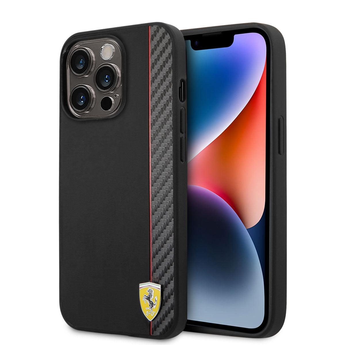 iPhone 14 Pro Kılıf Ferrari Magsafe Şarj Özellikli Pu Deri Ve Karbon Şeritli Dizayn Kılıf Siyah
