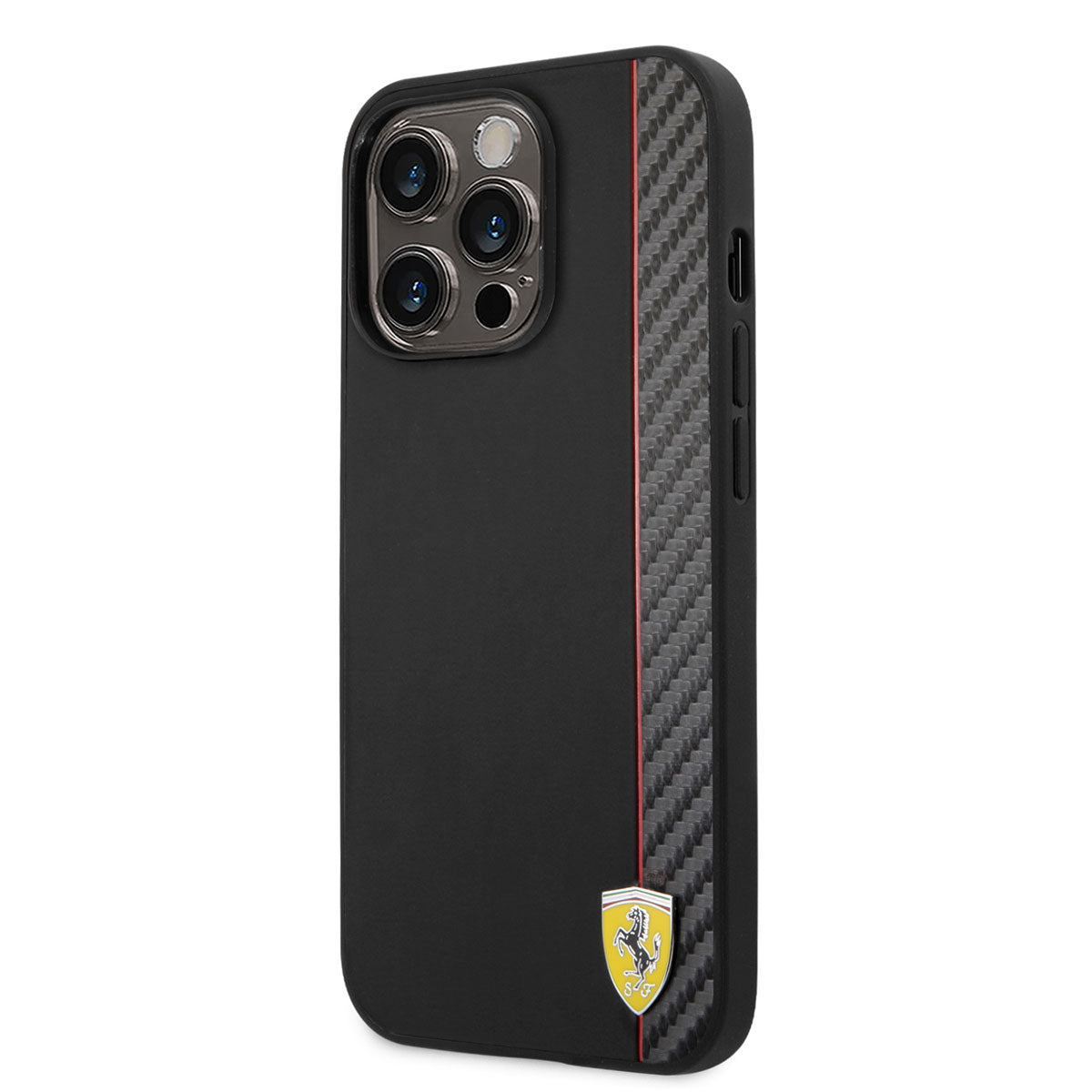 iPhone 14 Pro Kılıf Ferrari Magsafe Şarj Özellikli Pu Deri Ve Karbon Şeritli Dizayn Kılıf Siyah