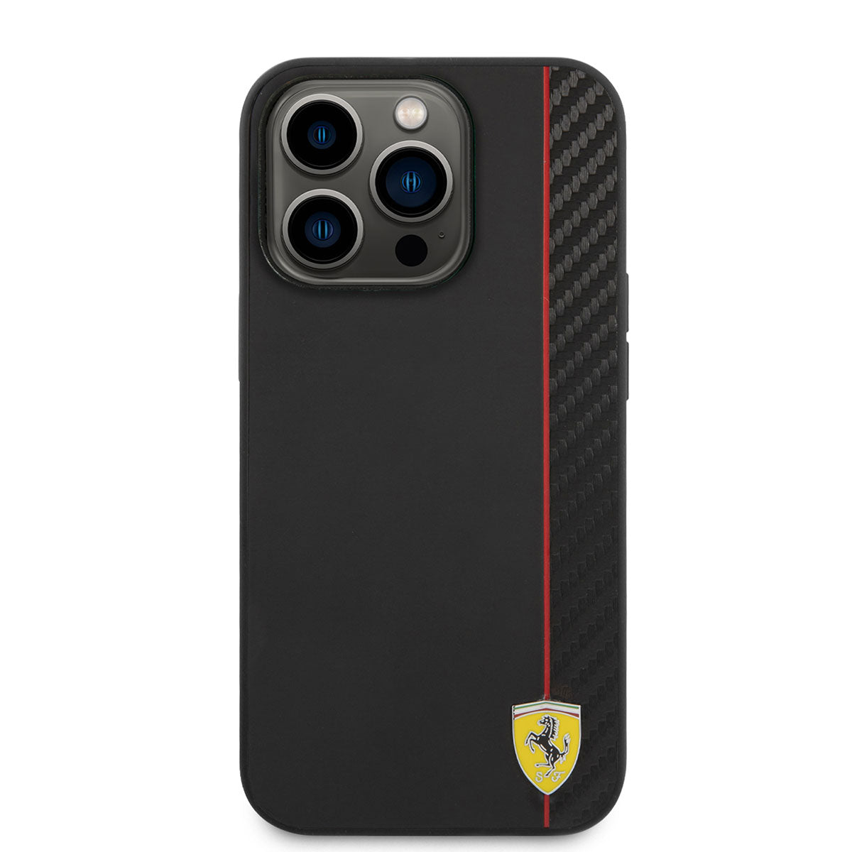 iPhone 14 Pro Kılıf Ferrari Magsafe Şarj Özellikli Pu Deri Ve Karbon Şeritli Dizayn Kılıf Siyah