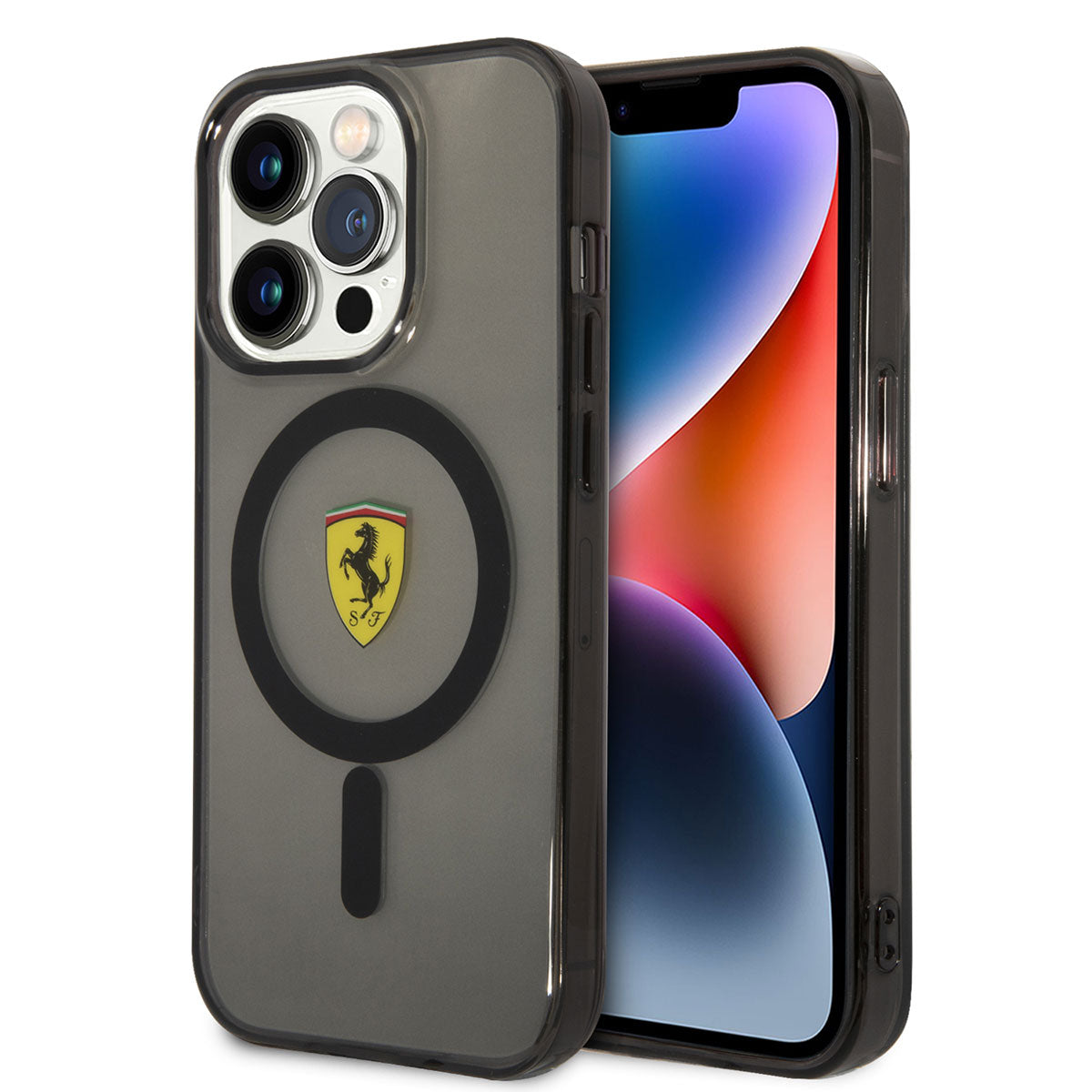 iPhone 14 Pro Kılıf Ferrari Magsafe Şarj Özellikli Yarı Transparan Dizayn Kılıf Siyah