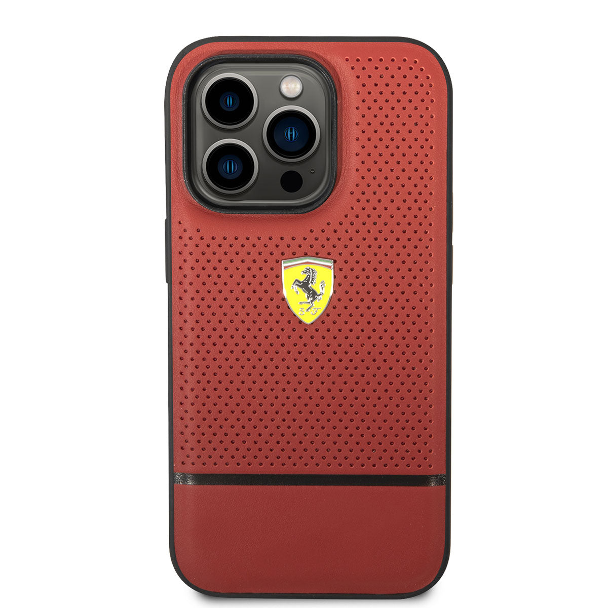 iPhone 14 Pro Kılıf Ferrari Orjinal Lisanslı Deri Delikli Ve Çizgili Dizayn Kılıf Kırmızı