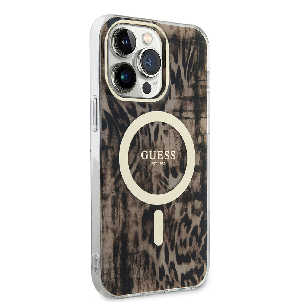 Apple iPhone 14 Pro Kılıf GUESS Magsafe Şarj Özellikli Leopar Desenli Kapak Kahverengi