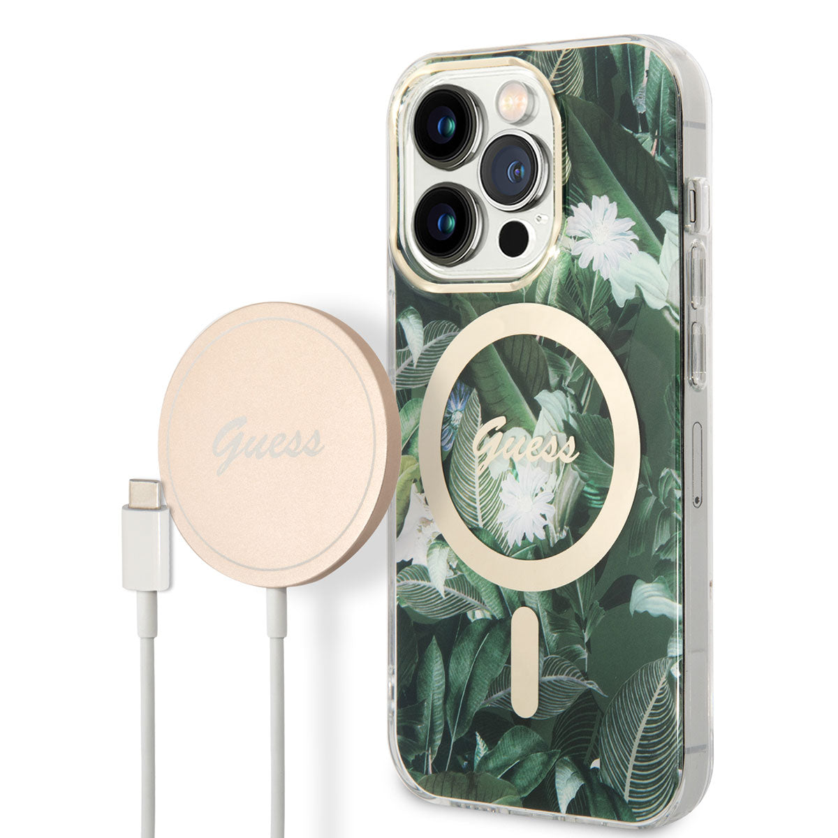 Apple iPhone 14 Pro Kılıf GUESS Magsafe Şarj Özellikli Yaprak Desenli Magsafe Şarj Kablolu Kapak Pembe