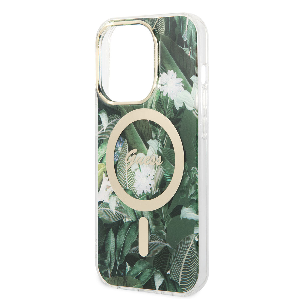 Apple iPhone 14 Pro Kılıf GUESS Magsafe Şarj Özellikli Yaprak Desenli Magsafe Şarj Kablolu Kapak Pembe
