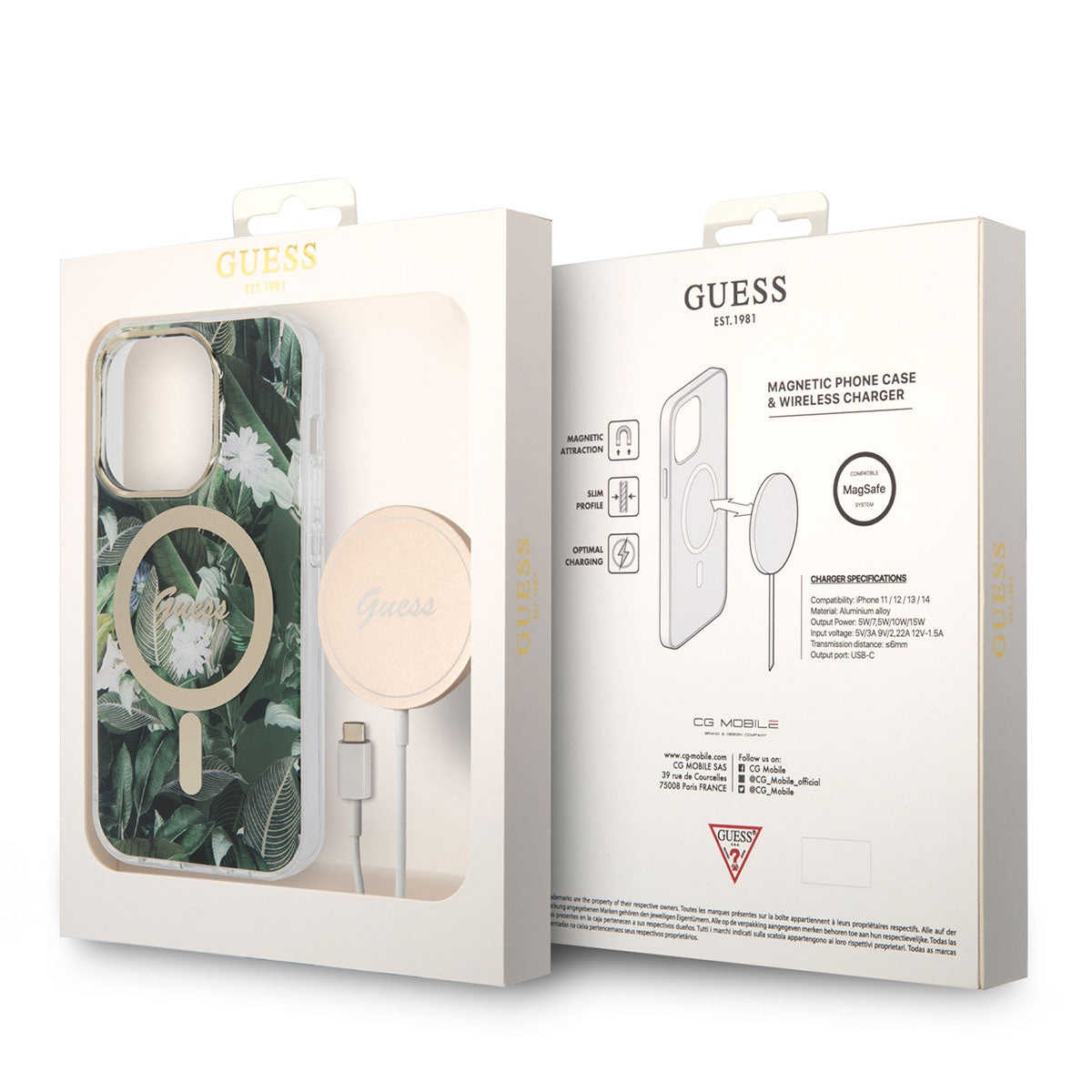 Apple iPhone 14 Pro Kılıf GUESS Magsafe Şarj Özellikli Yaprak Desenli Magsafe Şarj Kablolu Kapak Pembe