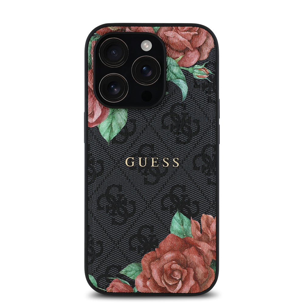 Apple iPhone 14 Pro Kılıf Guess Orjinal Lisanslı Magsafe Şarj Özellikli Gül Baskılı 4G Desenli Yazı Logolu Kapak Kahverengi