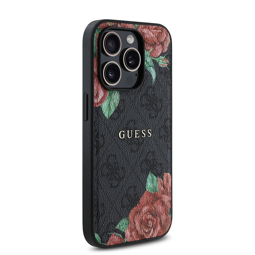 Apple iPhone 14 Pro Kılıf Guess Orjinal Lisanslı Magsafe Şarj Özellikli Gül Baskılı 4G Desenli Yazı Logolu Kapak Siyah